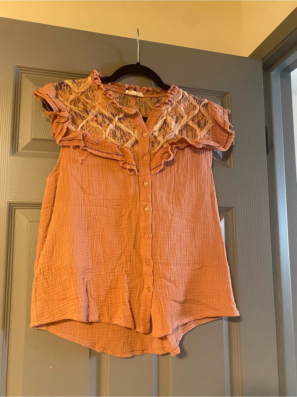 easel pink Sleeveless Button-Front Top with Lace Yoke